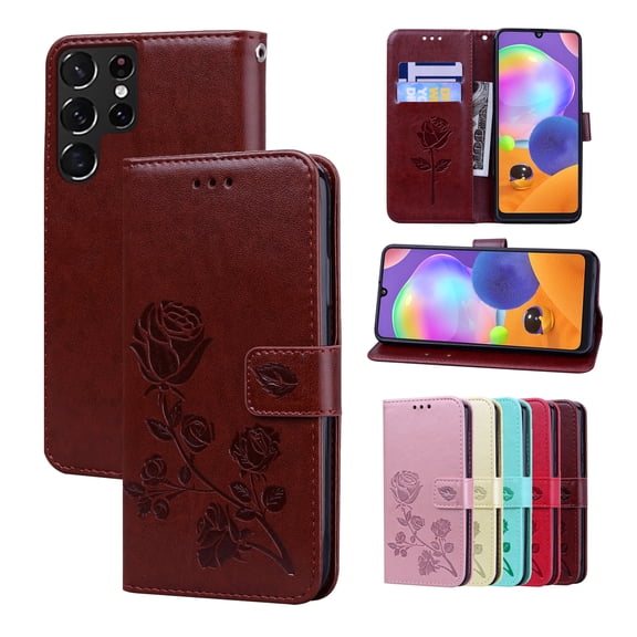 Galaxy S22 Ultra Wallet Case, 3D Emboss Rose Flower PU Leather Case Card Slots Flip Folio Kickstand Soft TPU Protective Women Cover for Samsung Galaxy S22 Ultra 5G 6.8 inch 2022,Brown