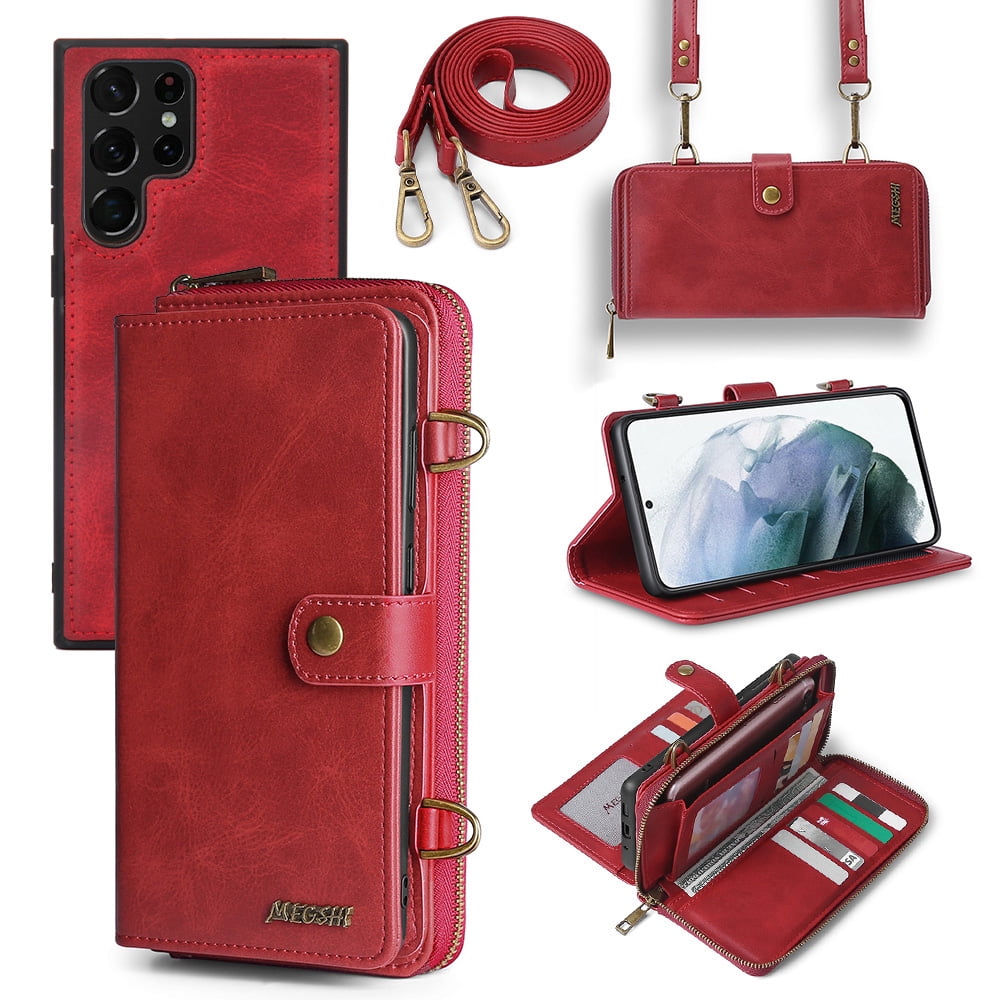 Galaxy S22 Ultra Wallet Case Premium Leather Flip Zipper Detachable Magnet Wallet Stand Card Holder Case with Crossbody Lanyard Strap Zipper Pocket Cover for Samsung Galaxy S22 Ultra, Red