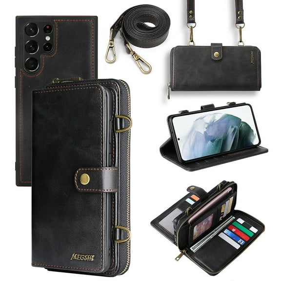 Galaxy S22 Ultra Wallet Case Premium Leather Flip Zipper Detachable Magnet Wallet Stand Card Holder Case with Crossbody Lanyard Strap Zipper Pocket Cover for Samsung Galaxy S22 Ultra, Black