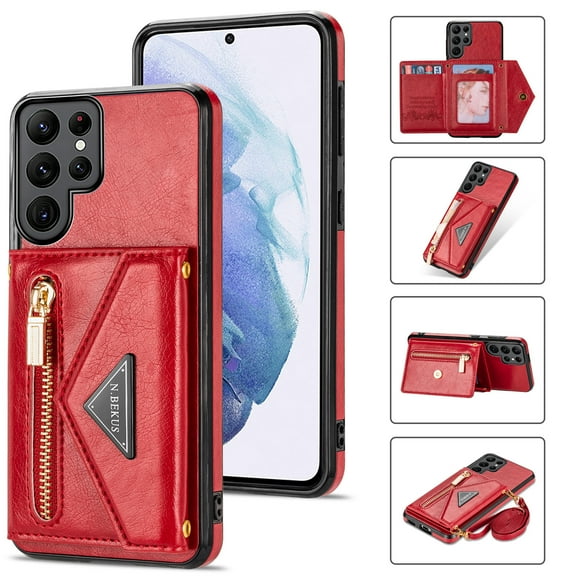 Galaxy S22 Ultra Wallet Case, Soft PU Leather Kickstand Card Slots Holder Flip Folio Case Durable Shockproof Cover for Samsung Galaxy S22 Ultra 5G 6.8 inch 2022,Red