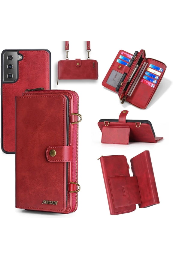 Galaxy S22 Wallet Case,Galaxy S22 Case with Card Holder,Case Wallet Magnetic Detachable 3 in 1 Leather Flip Wallet with 13 Card Slots,Kickstand,Hand &Crossbody Strap,Zipper Wallet (Red)