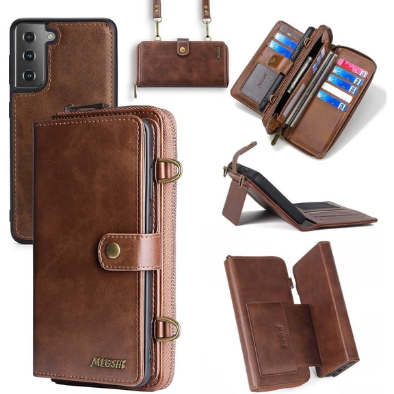 Galaxy S22 Wallet Case,Galaxy S22 Case with Card Holder,Case Wallet Magnetic Detachable 3 in 1 Leather Flip Wallet with 13 Card Slots,Kickstand,Hand &Crossbody Strap,Zipper Wallet (Brown)