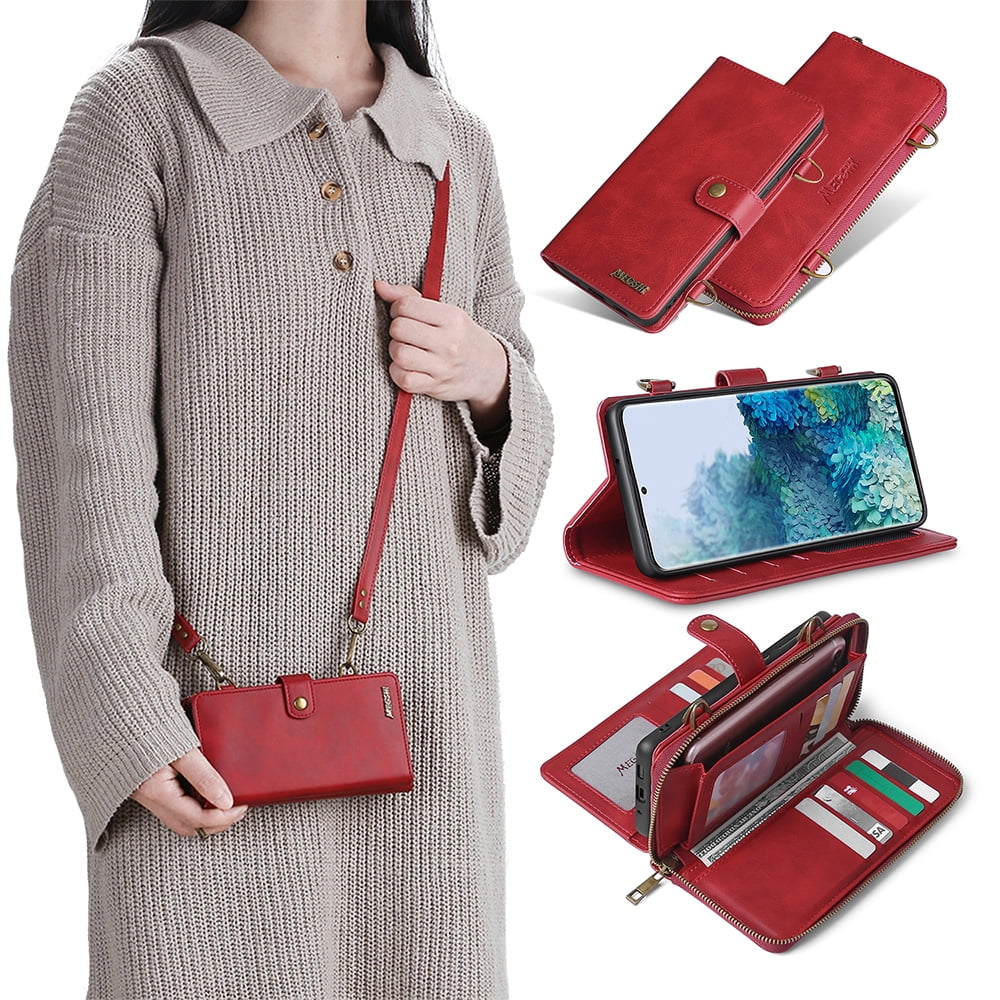 Galaxy S22 Wallet Case Premium Leather Flip Zipper Detachable Magnet Wallet Stand Card Holder Case with Crossbody Lanyard Strap Zipper Pocket Cover for Samsung Galaxy S22 6.1 inch 2022,Red