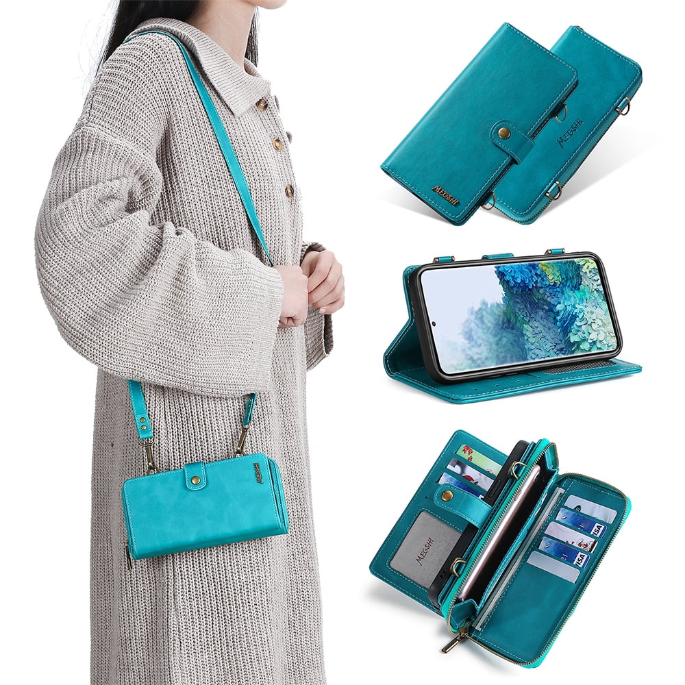 Galaxy S22 Wallet Case Premium Leather Flip Zipper Detachable Magnet Wallet Stand Card Holder Case with Crossbody Lanyard Strap Zipper Pocket Cover for Samsung Galaxy S22 6.1 inch 2022,Blue