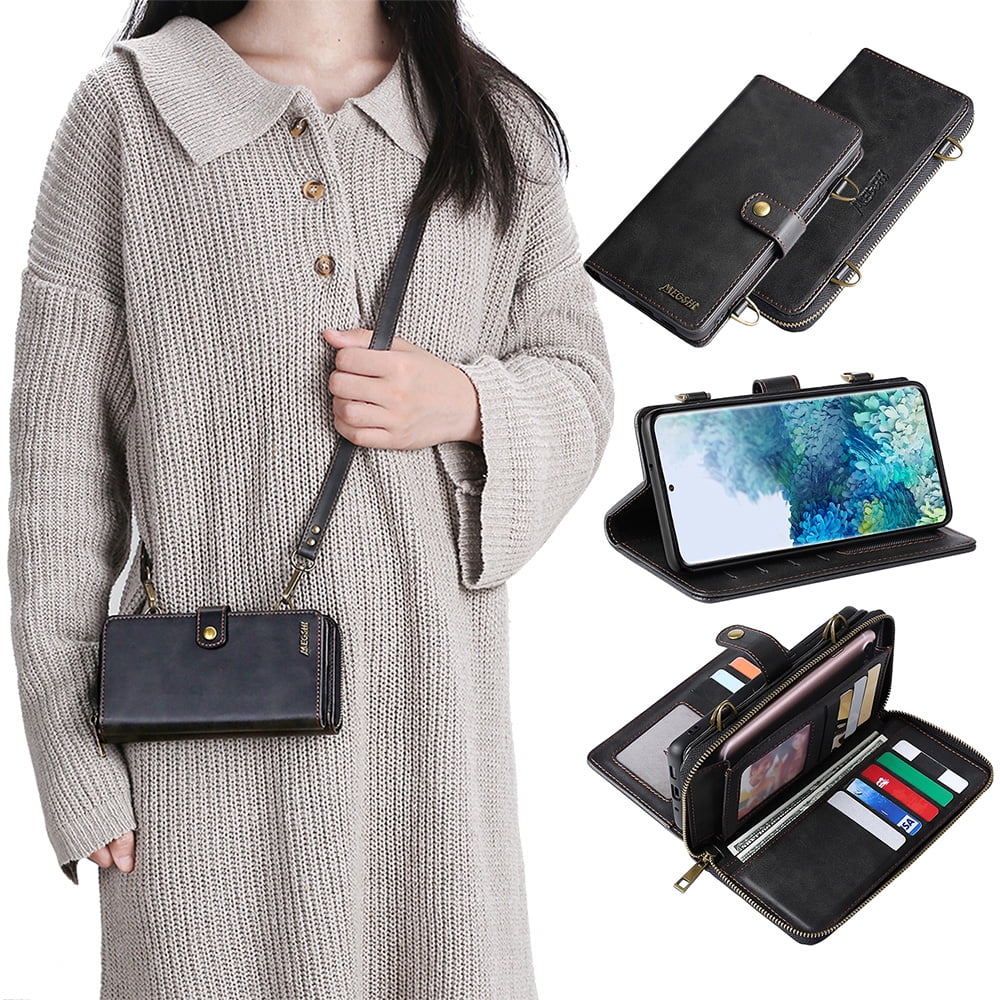 Galaxy S22 Wallet Case Premium Leather Flip Zipper Detachable Magnet Wallet Stand Card Holder Case with Crossbody Lanyard Strap Zipper Pocket Cover for Samsung Galaxy S22 6.1 inch 2022,Black