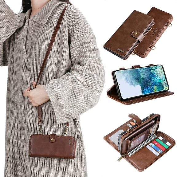 Galaxy S22 Wallet Case Premium Leather Flip Zipper Detachable Magnet Wallet Stand Card Holder Case with Crossbody Lanyard Strap Zipper Pocket Cover for Samsung Galaxy S22 6.1 inch 2022,Brown