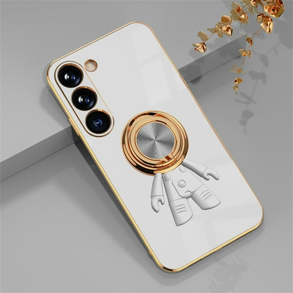 for Galaxy S23 Case,Cute Cartoon 6D Plating Astronaut Hidden Magnetic Ring Kickstand Soft TPU Shockproof Corner Protection Drop Proof Edge Bumper Cover For Samsung Galaxy S23, White