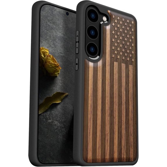 for Galaxy S23 Case Natural Black Soft TPU Protective Cover Compatible with Samsung S23 American Flag-Walnut Case | Shockproof, Unique, Classy, Design