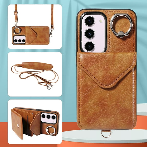 Galaxy S23 Case with Ring Holder Stand, Allytech Classic PU Leather Back Cover with Cards Holder Shockproof Detachable Shoulder Strap Wallet Case for Samsung Galaxy S23 - Brown