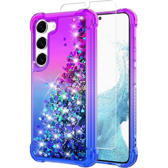 for Galaxy S23 Case,Samsung S23 Case,with HD Screen Protector,Gradient Quicksand Glitter Liquid Floating Waterfall Durable Girls Cute Phone Case for Samsung Galaxy S23 (Purple/Blue)
