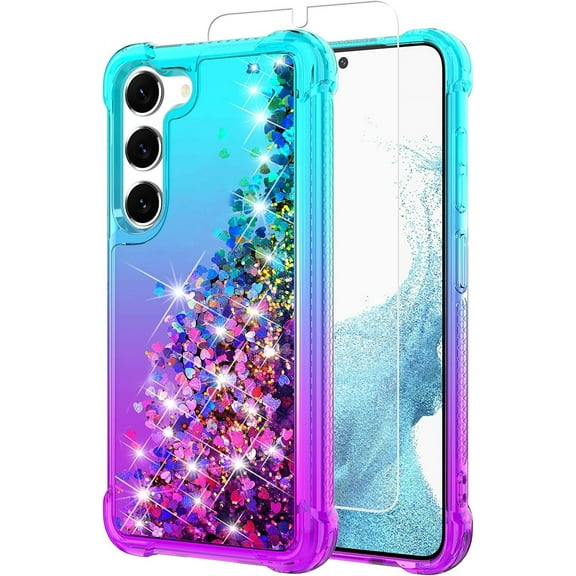 Galaxy S23 Case,Samsung S23 Case,with HD Screen Protector,Gradient Quicksand Glitter Liquid Floating Waterfall Durable Girls Cute Phone Case for Samsung Galaxy S23 (Teal/Purple)
