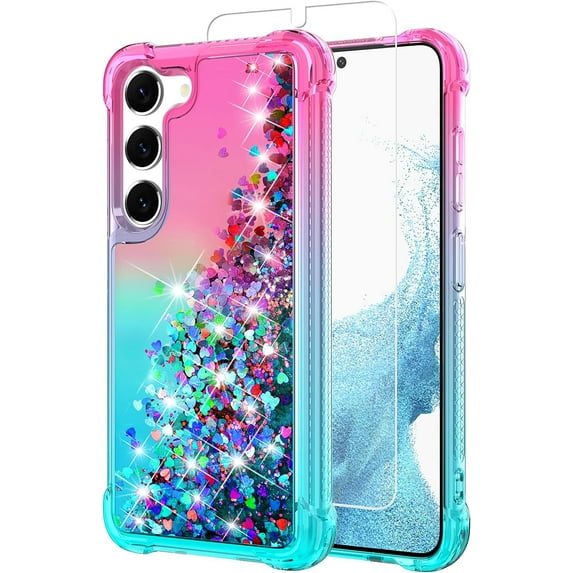 for Galaxy S23 Case,Samsung S23 Case,with HD Screen Protector,Gradient Quicksand Glitter Liquid Floating Waterfall Durable Girls Cute Phone Case for Samsung Galaxy S23 (Pink/Teal)