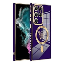 for Galaxy S23, Cute Butterflies Design for Women Girls,Luxury Plating Edge Bumper Full Camera Lens Protection Sliding edge Small Heart Patterned Case For Samsung Galaxy S23, Purple