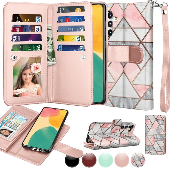 Galaxy S23 FE 5G Case, Samsung S23 FE 5G Wallet Magnetic Detachable with 9 Card Holder for Women Men, Luxury Leather Wristlet Strap Carrying Folio Flip Cover for Samsung Galaxy S23 FE 5G, Marble