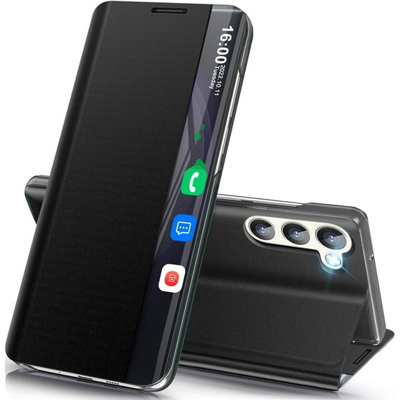 Galaxy S23 FE 5G Case View Clear Window Leather Hard PC S23 FE Case Slim MirrorKickstand Luxury Flip Shockproof for Samsung Galaxy S23 FE Cover Protective (Black)