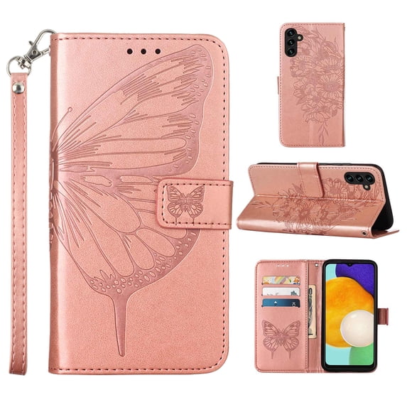 Galaxy S23 FE Case, Magnetic Folio Butterfly Patterned Wallet Case, Premium PU Leather with Wrist Strap Credit Card Holder Slots Kickstand Protective Cover For Samsung Galaxy S23 FE, Rosegold