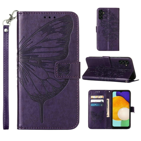 Galaxy S23 FE Case, Magnetic Folio Butterfly Patterned Wallet Case, Premium PU Leather with Wrist Strap Credit Card Holder Slots Kickstand Protective Cover For Samsung Galaxy S23 FE, Purple