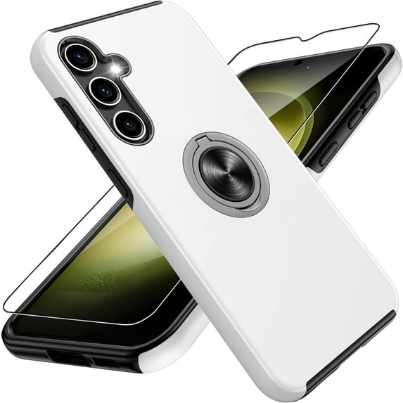 Galaxy S23 FE Case, Samsung Galaxy S23 FE Case with HD Screen Protector, Shockproof Samsung S23 FE Case with 360° Magnetic Ring Holder Kickstand Phone Case for Samsung S23 FE 5G Silver