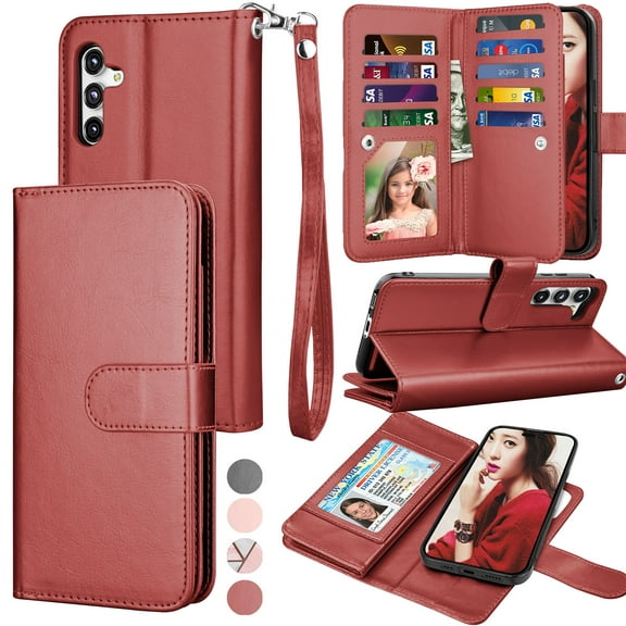 Galaxy S23 FE Case, S23 FE Wallet Case, Samsung Galaxy S23 FE 6.4 inchs PU Leather Case,Luxury Cash Credit Card Slots Folio Flip Cover [Detachable Magnetic Case] & Kickstand -Wine Red
