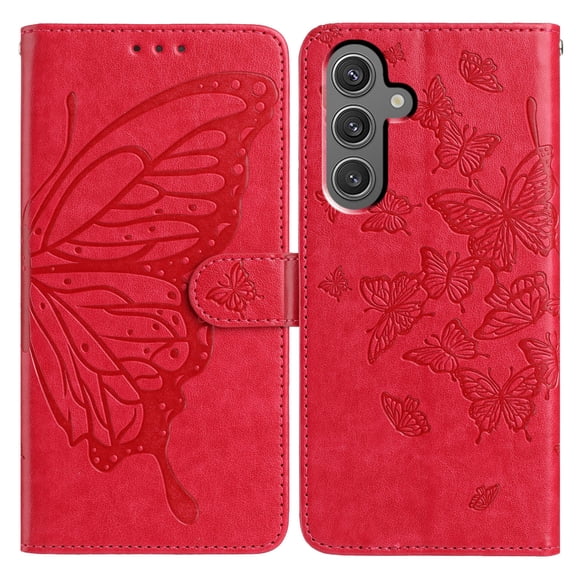 For Galaxy S23 Folio Wallet Case with Wrist Strap, Embossed Butterfly Pattern, Lightweight Protective PU Leather Phone Case with Credit Card/Cash Slots, Magnetic Closure, Red