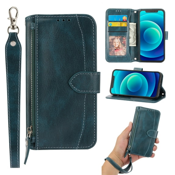 for Galaxy S23 Plus 5G Wallet Case,Shockproof Premium PU Leather Magnetic Closure Zipper Flip Kickstand Card Slots with Detachable Wrist Strap Phone Cover For Samsung Galaxy S23 Plus, Green
