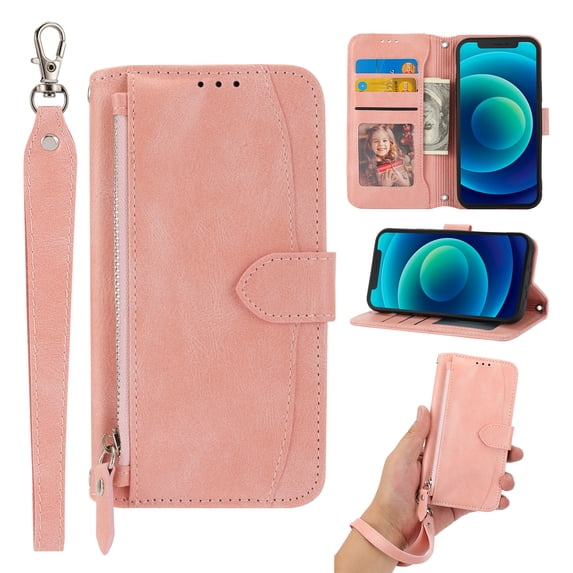 for Galaxy S23 Plus 5G Wallet Case,Shockproof Premium PU Leather Magnetic Closure Zipper Flip Kickstand Card Slots with Detachable Wrist Strap Phone Cover For Samsung Galaxy S23 Plus, Pink