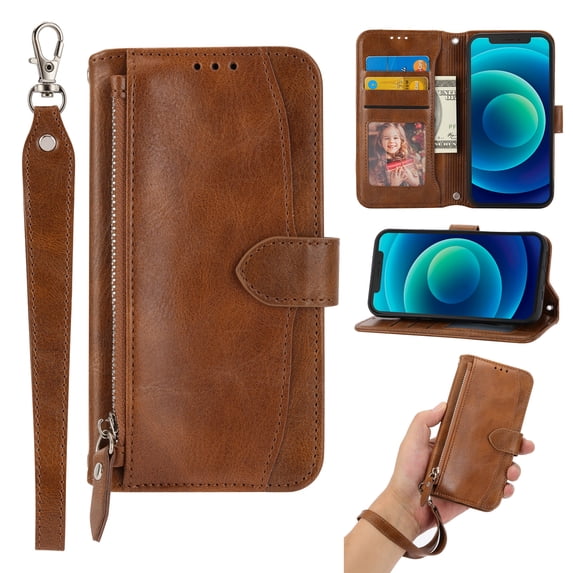 for Galaxy S23 Plus 5G Wallet Case,Shockproof Premium PU Leather Magnetic Closure Zipper Flip Kickstand Card Slots with Detachable Wrist Strap Phone Cover For Samsung Galaxy S23 Plus, Brown