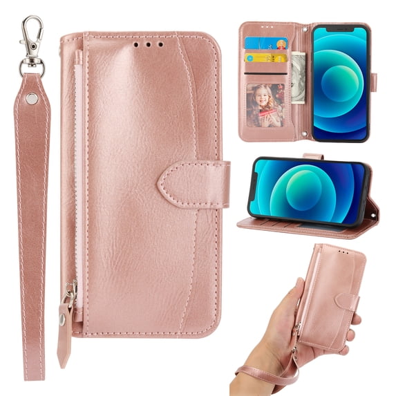 for Galaxy S23 Plus 5G Wallet Case,Shockproof Premium PU Leather Magnetic Closure Zipper Flip Kickstand Card Slots with Detachable Wrist Strap Phone Cover For Samsung Galaxy S23 Plus, Rosegold