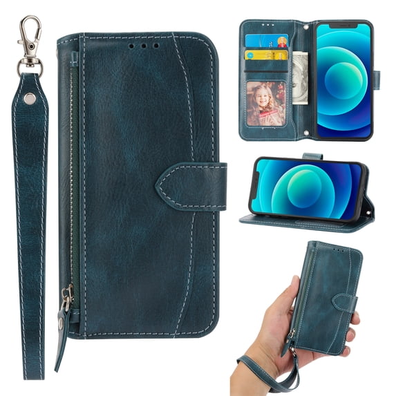 for Galaxy S23 Plus 5G Wallet Case,Shockproof Premium PU Leather Magnetic Closure Zipper Flip Kickstand Card Slots with Detachable Wrist Strap Phone Cover For Samsung Galaxy S23 Plus, Green