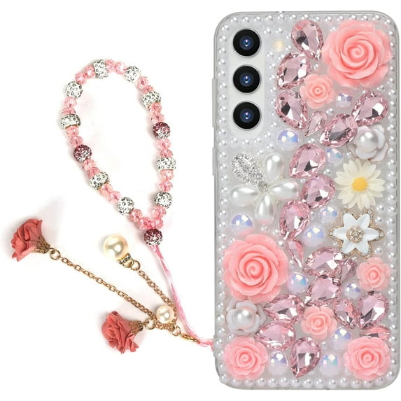 for Galaxy S23 Plus Bling Case with Strap, Luxury Glitter Rhinestone Diamond Crystal Sparkle Rose Flower Pearl Floral Bracelets Soft Bumper Protective Case Cover for Women Girls Pink