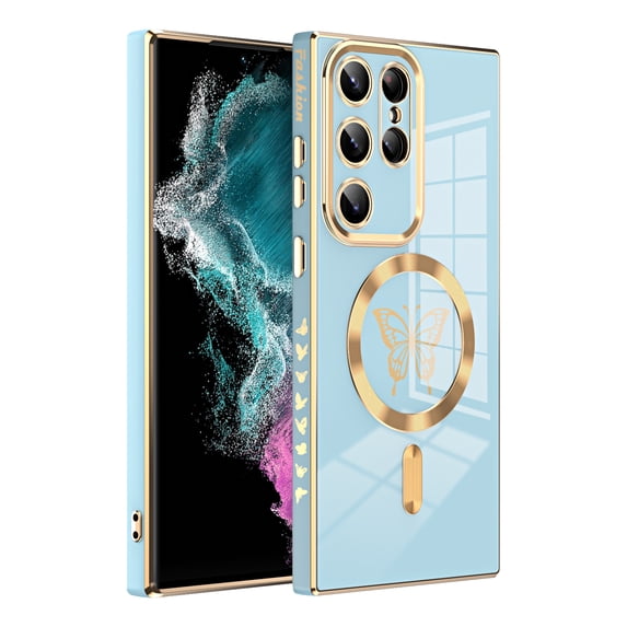for Galaxy S23 Plus Magnetic Glitter Case, Luxury Butterfly Pattern Plating Camera Protection Case, Compatible with MagSafe for Women Girls Shockproof Back Cover For Samsung Galaxy S23 Plus, Blue