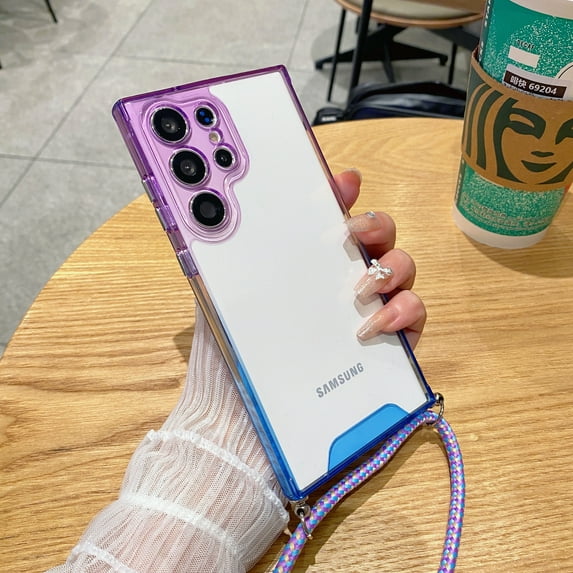 for Galaxy S23 Plus, Shockproof Slim Gradient Bumper Color Space Shell Soft TPU Crossbody Strap with Camera Lens Protection Clear Back Cover For Samsung Galaxy S23 Plus, Purple