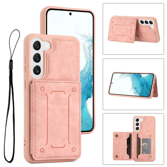 for Galaxy S23 Plus Wallet Case with RFID Blocking Card Holder,Premium PU Leather Double Magnetic Buttons Stand Flip Wrist Lanyard Strap Back Cover Case for Samsung Galaxy S23 Plus,Pink