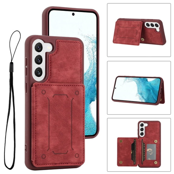 for Galaxy S23 Plus Wallet Case with RFID Blocking Card Holder,Premium PU Leather Double Magnetic Buttons Stand Flip Wrist Lanyard Strap Back Cover Case for Samsung Galaxy S23 Plus,Red
