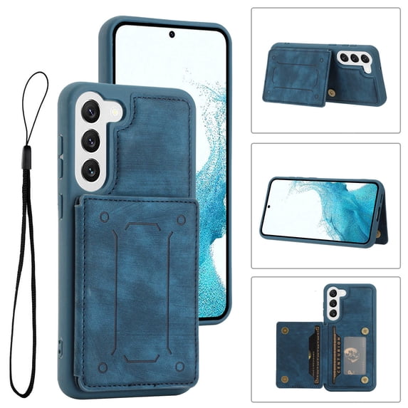 for Galaxy S23 Plus Wallet Case with RFID Blocking Card Holder,Premium PU Leather Double Magnetic Buttons Stand Flip Wrist Lanyard Strap Back Cover Case for Samsung Galaxy S23 Plus,Blue
