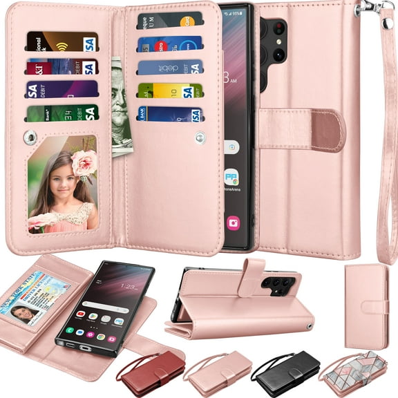 Galaxy S23/S23 Plus/S23 +/S23 Ultra 5G Wallet Case, Samsung Galaxy S23 Ultra PU Leather Case,Njjex Luxury Leather [9 Card Slots Holder] Carrying Folio Flip Cover [Detachable Magnetic Case]-Rose Gold