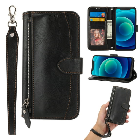 for Galaxy S23 Ultra 5G Wallet Case,Shockproof Premium PU Leather Magnetic Closure Zipper Flip Kickstand Card Slots with Detachable Wrist Strap Phone Cover For Samsung Galaxy S23 Ultra, Black