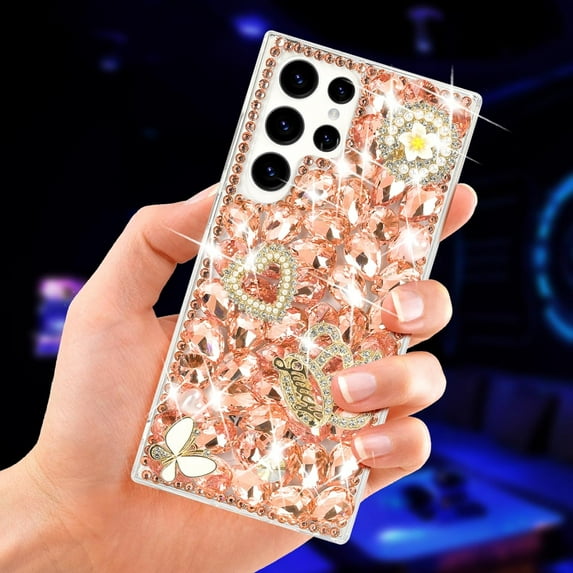 for Galaxy S23 Ultra Bling Case Women Girls Luxury 3D Glitter Diamond Sparkle Crystal Rhinestone Phone Case Cute 3D Heart Crown Flower and Butterfly Gemstone Case for Galaxy S23 Ultra, Rose Gold
