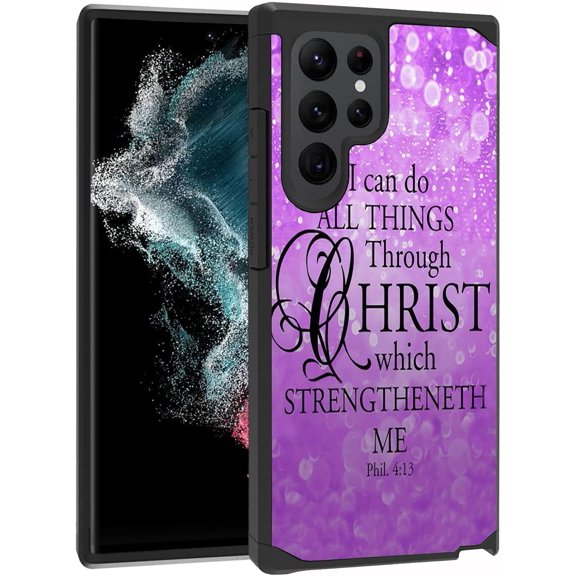 Galaxy S23 Ultra Case, 2 in 1 Hybrid Hard PC & Soft Silicone Heavy Duty Dual Layer Shockproof Full-Body Protective Case for Samsung Galaxy S23 Ultra 5G - Purple Bible Verse Phil 4-13