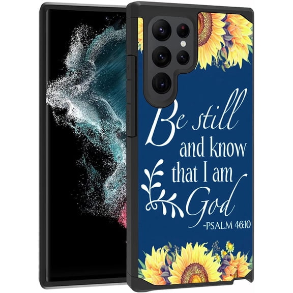 Galaxy S23 Ultra Case, 2 in 1 Hybrid Hard PC & Soft Silicone Heavy Duty Dual Layer Shockproof Protective Case for Samsung Galaxy S23 Ultra 5G - Floral Quotes Bible Verse Psalm 46:10