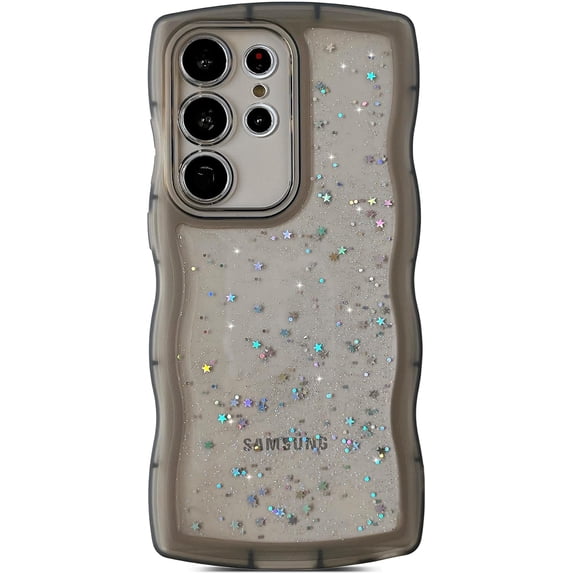 for Galaxy S23 Ultra Case 6.8",Curly Wavy Anti-Slip Grip Design Bling Cute Transparent Glitter Star Shiny Case Clear Sparkly Bumper Protection Soft Phone Cover Case for Women Girls,Black