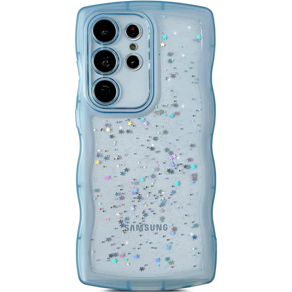 for Galaxy S23 Ultra Case 6.8",Curly Wavy Anti-Slip Grip Design Bling Cute Transparent Glitter Star Shiny Case Clear Sparkly Bumper Protection Soft Phone Cover Case for Women Girls,Blue