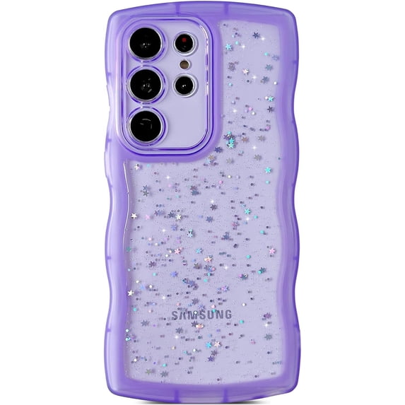 for Galaxy S23 Ultra Case 6.8",Curly Wavy Anti-Slip Grip Design Bling Cute Transparent Glitter Star Shiny Case Clear Sparkly Bumper Protection Soft Phone Cover Case for Women Girls,Purple
