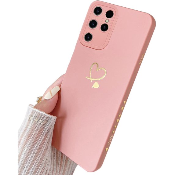 for Galaxy S23 Ultra Case 6.8 inch,Cute Bling Plated Gold Love Heart with Anti-Fall Camera Lens Cover Protection Soft Anti-Fingerprint Phone Case for Samsung Galaxy S23 Ultra 6.8" Pink