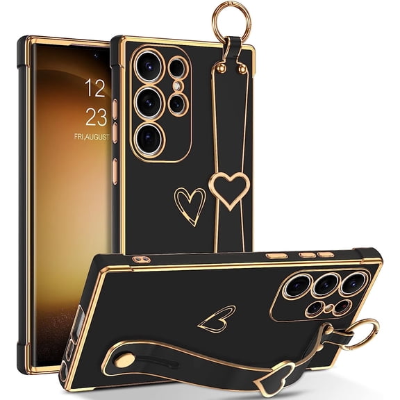 Galaxy S23 Ultra Case with Adjustable Wristband Kickstand Loop, Cute Heart Luxury Plating Bumper, Raised Corners Shockproof Women Girls Phone Cover for Samsung Galaxy S23 Ultra 6.8", Black
