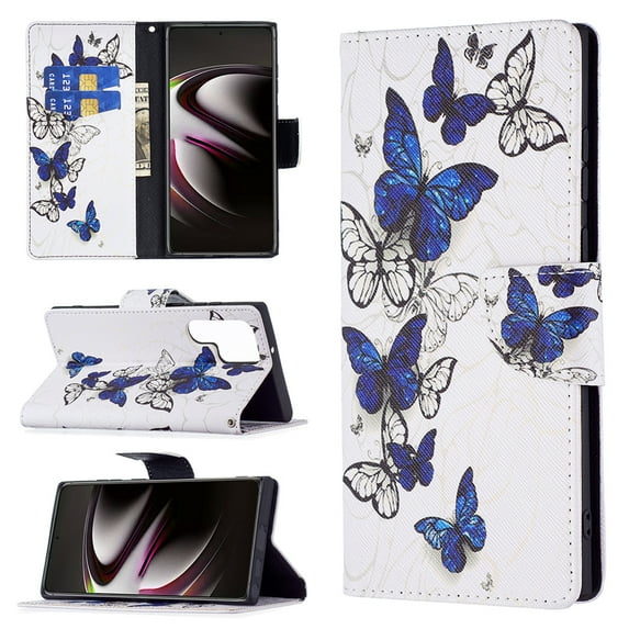 Galaxy S23 Ultra Case Cute Embossed Pattern Premium Leather Wallet Cover Flip Stand Credit Card Slots Pocket Holder Magnetic Closure Folio Case for Samsung Galaxy S23 Ultra, Group Butterfly