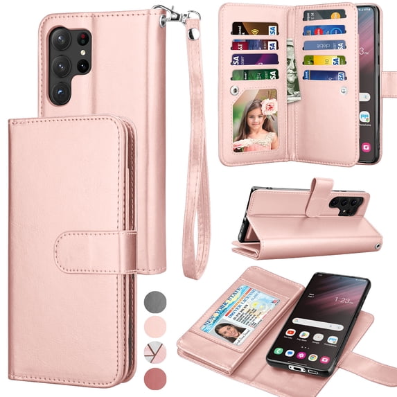 Galaxy S23 Ultra Case, Flip/Folio Cover Wallet Magnetic Closure Card Slots Cash Holder Stand Kickstand TPU Bumper Shockproof Protective Case for Samsung Galaxy S23 Ultra -Rose Gold