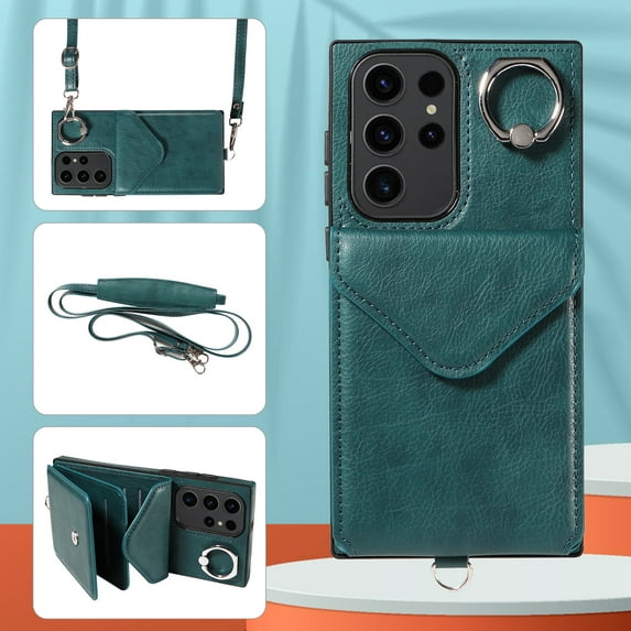 Galaxy S23 Ultra Case with Ring Holder Stand, Allytech Classic PU Leather Back Cover with Cards Holder Shockproof Detachable Shoulder Strap Wallet Case for Samsung Galaxy S23 Ultra - Green