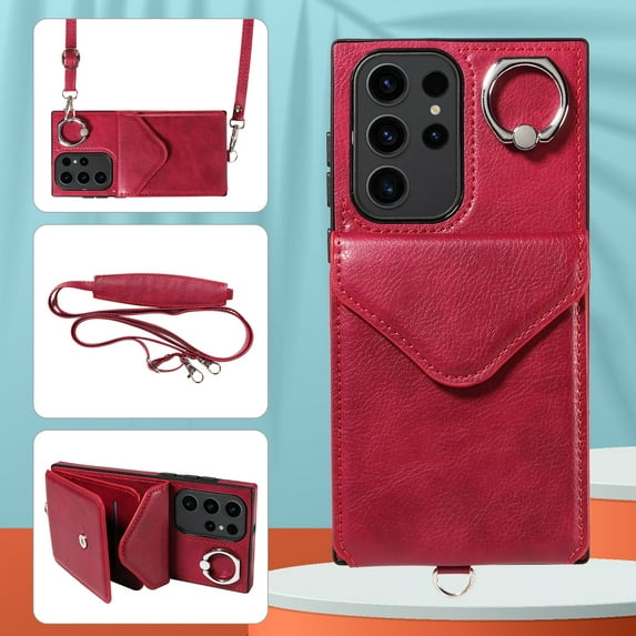 Galaxy S23 Ultra Case with Ring Holder Stand, Allytech Classic PU Leather Back Cover with Cards Holder Shockproof Detachable Shoulder Strap Wallet Case for Samsung Galaxy S23 Ultra - Red