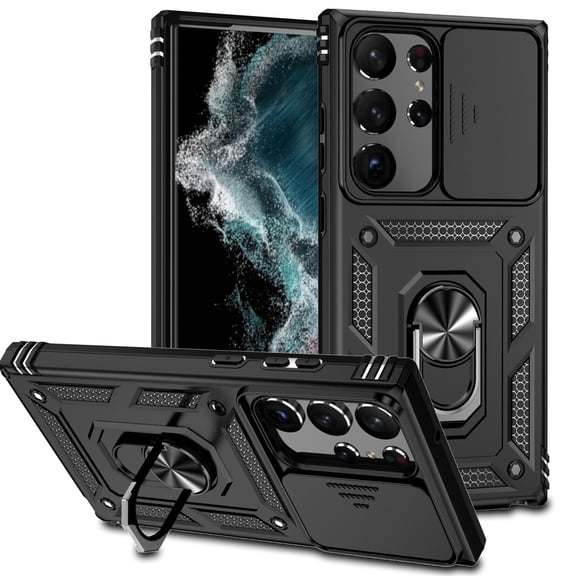 Galaxy S23 Ultra Kickstand Armor Case with Slide Camera Lens Protection Cover Built-in 360° Rotate Ring Holder Stand Magnetic Military Shockproof Phone Cover Case for Samsung Galaxy S23 Ultra,
Black